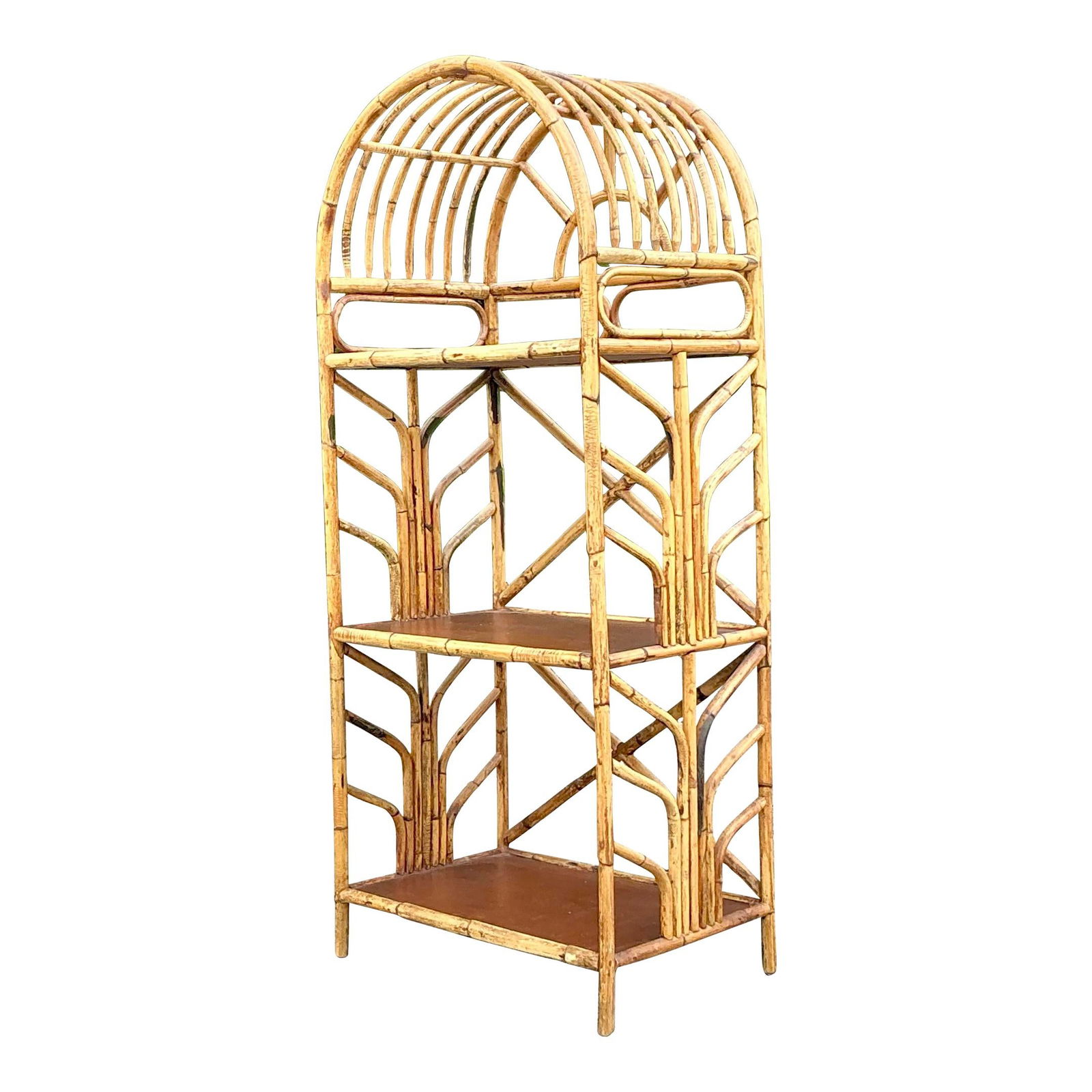 Vintage Coastal Rattan Arched Etagere 64.5H Natural Design: Vintage Coastal Rattan Arched Etagere 64.5H Natural Design Transform your living space with this Vintage Coastal Bent Rattan Arched Etagere. Featuring airy, open shelves and a natural rattan design, t