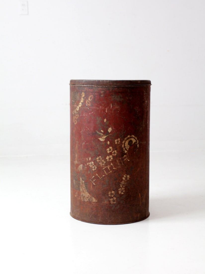 Vintage Cream City Ware Antique Metal Flour Bin Red Floral Design: Vintage Cream City Ware Antique Metal Flour Bin Red Floral Design This antique metal flour bin dates back to the late 19th century, showcasing a large red tin body adorned with a decorative floral des