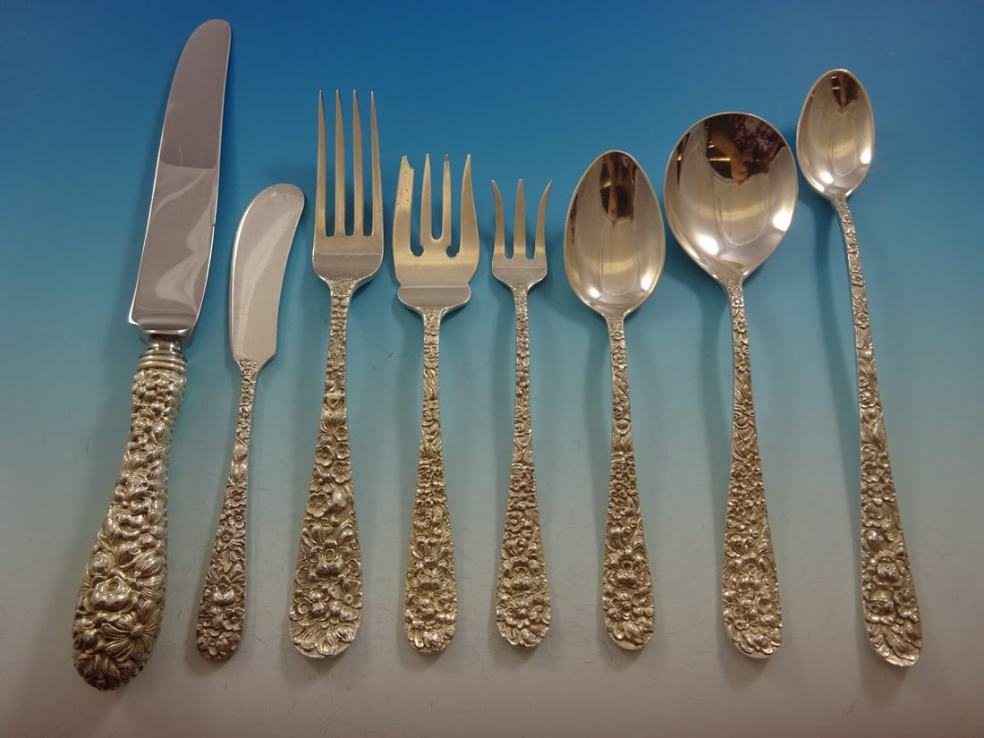 Kirk Stieff Rose Repousse Sterling Silver Flatware Set 52 Pieces with Storage Chest: Kirk Stieff Rose Repousse Sterling Silver Flatware Set 52 Pieces with Storage Chest Enhance your dining experience with this exquisite Rose by Stieff Repousse Sterling Silver Flatware Set, featuring 5