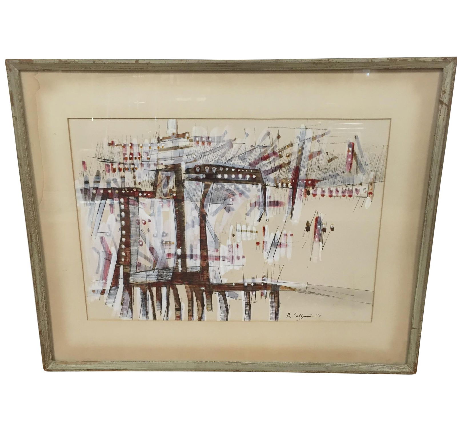 Mid-Century Abstract Painting by William Saltzman 1959 Tan Framed Art: Mid-Century Abstract Painting by William Saltzman 1959 Tan Framed Art This original Mid-Century abstract painting by William Saltzman, signed '59, showcases a beautiful tan color that enhances its art