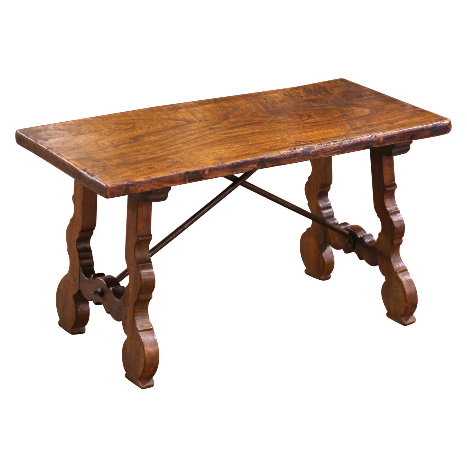 19th Century Spanish Baroque Chestnut Coffee Table with Iron Stretcher: 19th Century Spanish Baroque Chestnut Coffee Table with Iron Stretcher This exquisite 19th-century Spanish coffee table showcases the rustic elegance of traditional Spanish Baroque design. Crafted fro