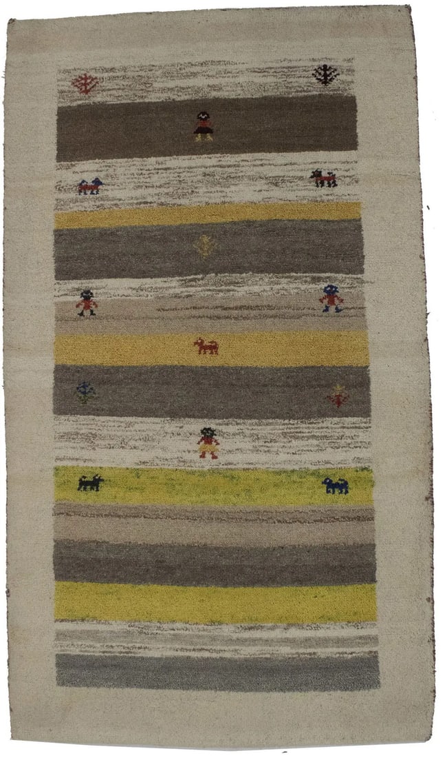 3'0 x 5'3 Wool Striped Tribal Hand-Knotted Area Rug Modern Multicolor: 3'0 x 5'3 Wool Striped Tribal Hand-Knotted Area Rug Modern Multicolor This handmade Indo-Gabbeh rug features a modern tribal design with multicolored stripes, including cream, gray, brown, lime green,