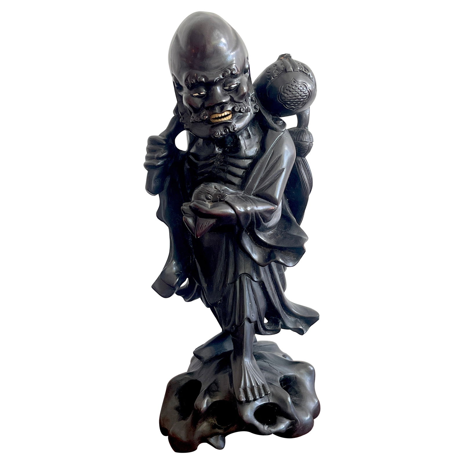 Late 19th Century Chinese Hardwood Immortal Figure with Bat: Late 19th Century Chinese Hardwood Immortal Figure with Bat This stunning late 19th-century Chinese carved hardwood figure features an immortal holding a bat, symbolizing happiness and good fortune in