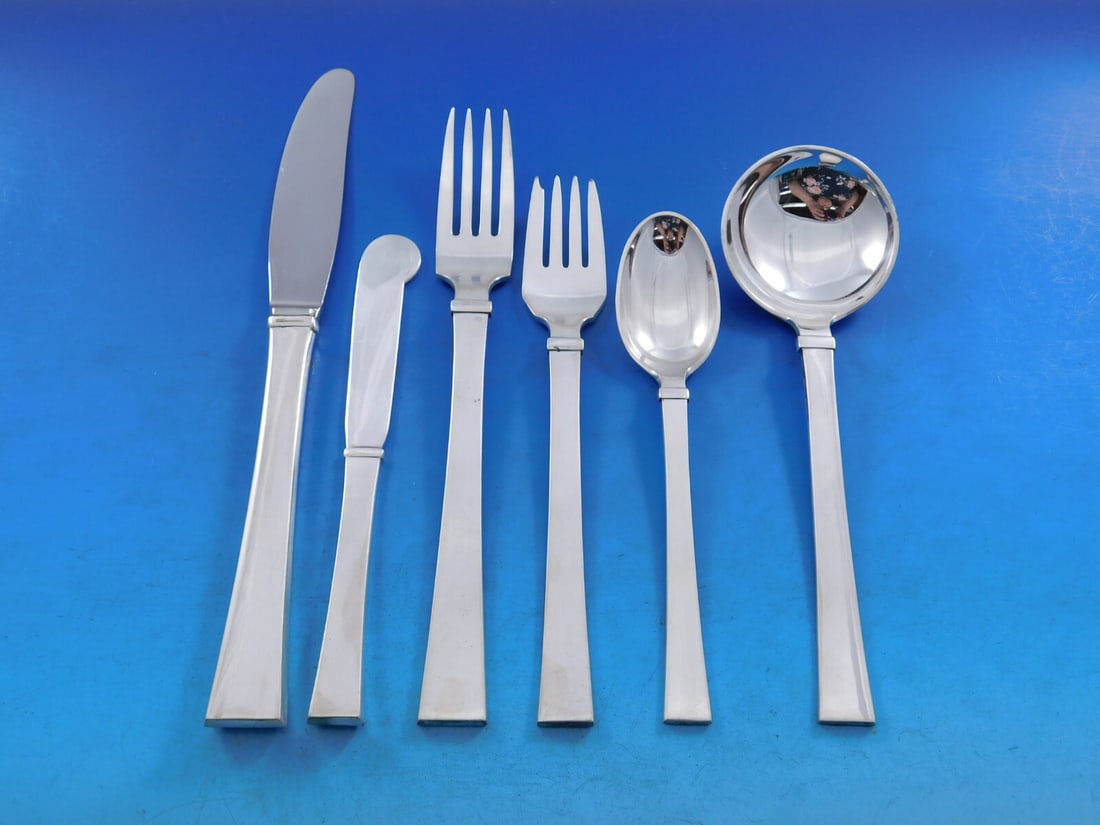 Hans Hansen Bell Modern Sterling Silver Flatware Set 50 pcs for 8 Service: Hans Hansen Bell Modern Sterling Silver Flatware Set 50 pcs for 8 Service Elevate your dining experience with this exquisite Bell flatware set by Hans Hansen, expertly crafted from sterling silver. Th