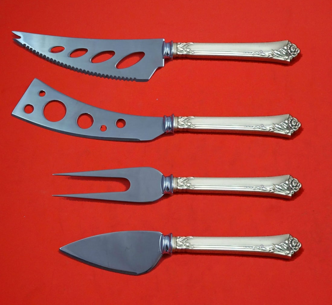 Oneida Damask Rose Sterling Silver 4pc Hostess Charcuterie Set: Oneida Damask Rose Sterling Silver 4pc Hostess Charcuterie Set Elevate your entertaining experience with the exquisite Damask Rose by Towle Sterling Silver Deluxe Charcuterie Set. This custom-made 4-p