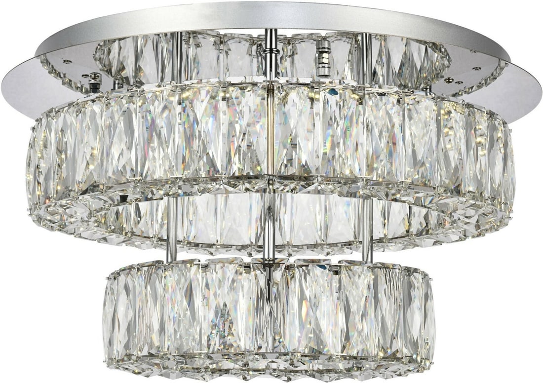 Monroe 17.7 Inch Chrome LED Flush Mount Crystal Chandelier: Monroe 17.7 Inch Chrome LED Flush Mount Crystal Chandelier Elevate your space with the Monroe Crystal Flush Mount Chandelier, a stunning blend of modern design and elegant aesthetics. This two-tier ch