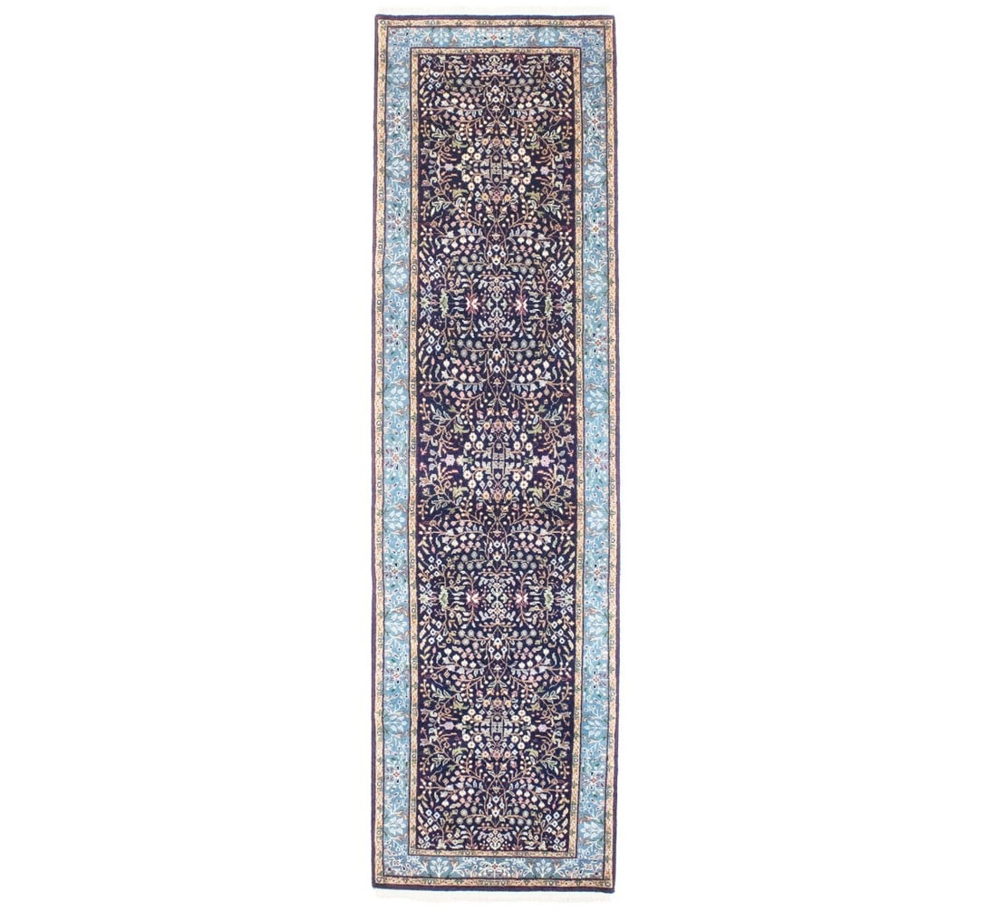 Handmade Vintage Kirman Runner Rug 2'7 x 9'7 Navy Blue Floral Wool: Handmade Vintage Kirman Runner Rug 2'7 x 9'7 Navy Blue Floral Wool Enhance your space with this exquisite Handmade Kirman Runner Rug, featuring a stunning floral pattern in a vibrant navy blue with ac