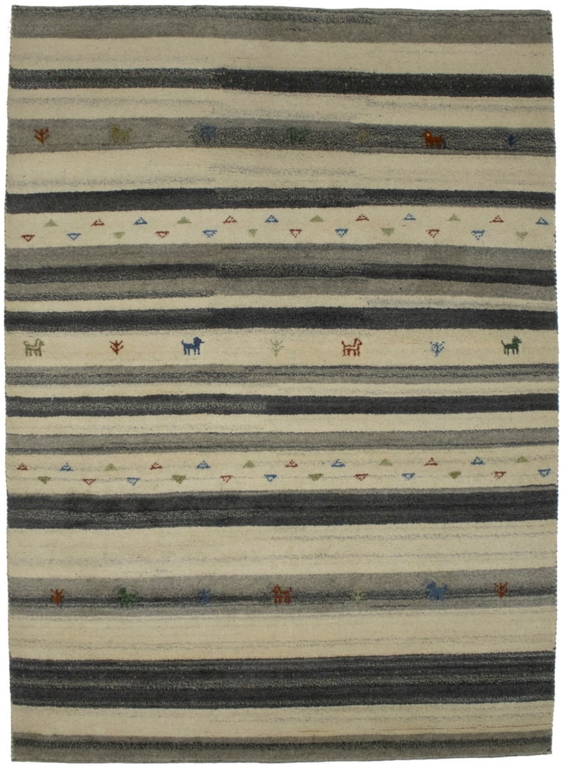 Handmade Indo-Gabbeh Wool Rug Multicolored Striped Tribal Design 5x7 ft: Handmade Indo-Gabbeh Wool Rug Multicolored Striped Tribal Design 5x7 ft Enhance your space with this Indo-Gabbeh Oriental Rug, a stunning blend of modern stripes and tribal decor. Handmade from high-q