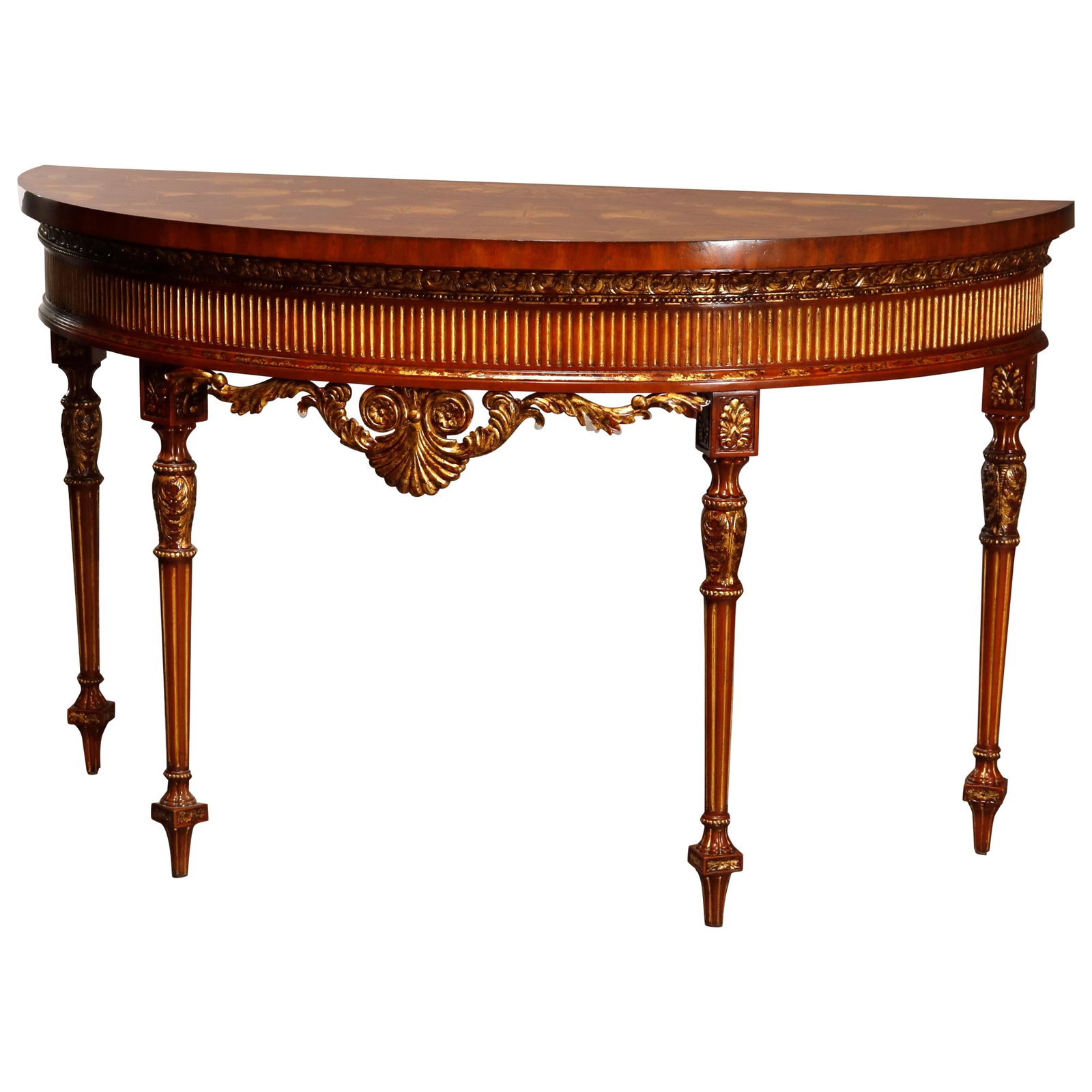 Maitland Smith Louis XVI Demilune Console Table in Mahogany and Satinwood: Maitland Smith Louis XVI Demilune Console Table in Mahogany and Satinwood This exquisite demilune console table showcases the elegance of Louis XVI style, crafted by Maitland Smith. The table features