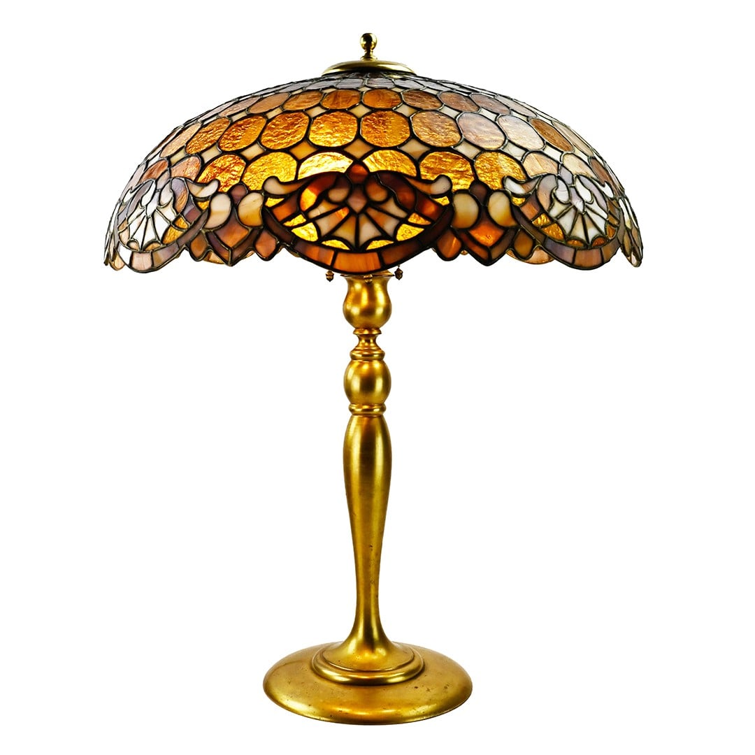 Antique Table Lamp with Spider Web Motif by Duffner & Kimberly: Antique Table Lamp with Spider Web Motif by Duffner & Kimberly This is an antique table lamp by Duffner & Kimberly, featuring a distinctive spider web design. The lamp stands approximately 28 inches t