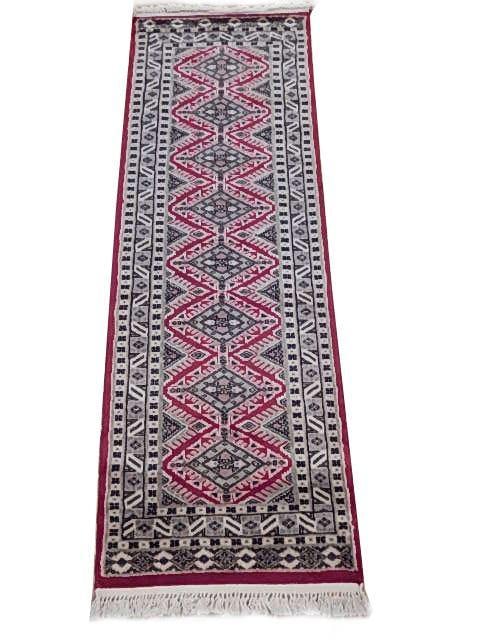 Handmade 1'11" x 5'9" Jaldar Bokhara Runner Rug in Pinkish Red and Black: Handmade 1'11" x 5'9" Jaldar Bokhara Runner Rug in Pinkish Red and Black Free continental US Shipping Transform your space with this stunning 1.11 x 5.9 Runner Jaldar Bokhara Rug, a perfect blend of e