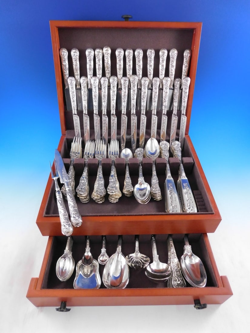 Bacchanalian Sterling Silver Flatware Set 99 Pieces with Bonus Chest: Bacchanalian Sterling Silver Flatware Set 99 Pieces with Bonus Chest Introducing a stunning Bacchanalian Sterling Silver Flatware Service Set, featuring 99 intricately designed pieces that celebrate t
