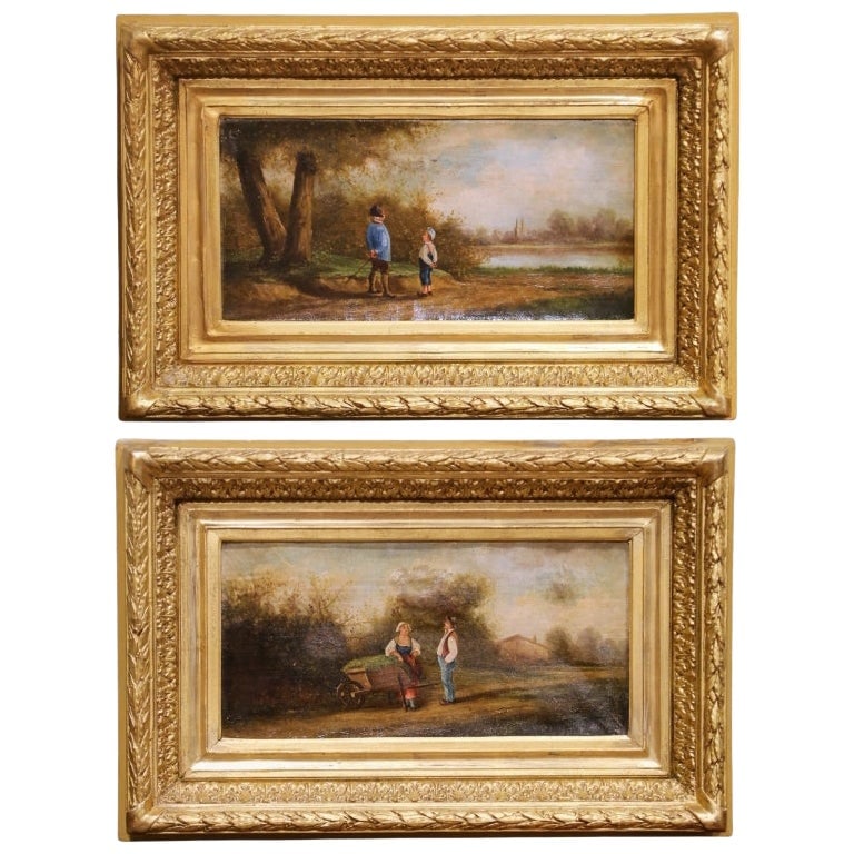 Set of Two Late 18th Century French Pastoral Oil Paintings in Giltwood Frames: Set of Two Late 18th Century French Pastoral Oil Paintings in Giltwood Frames This pair of late 18th-century French oil paintings presents idyllic pastoral scenes, each rendered with fine detail and a