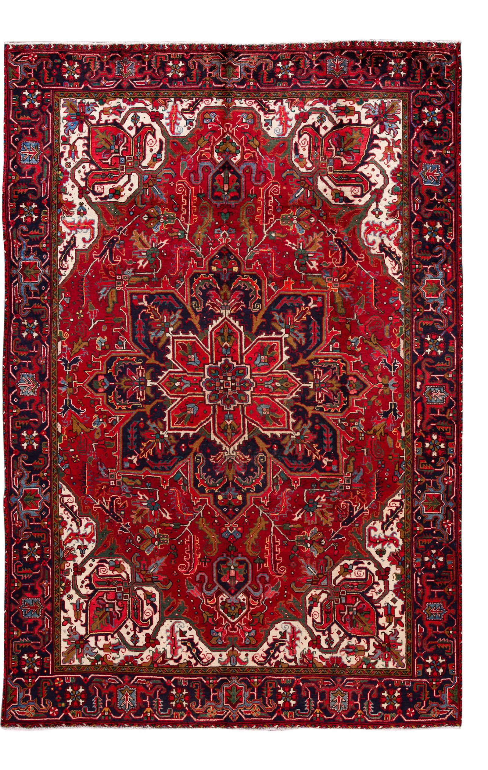 Vintage Heriz Wool Rug Red Geometric 8'1" x 11'9": Vintage Heriz Wool Rug Red Geometric 8'1" x 11'9" This stunning vintage Heriz wool rug features a vibrant all-over red geometric medallion motif, adding a touch of elegance to any space. Measuring 8'1