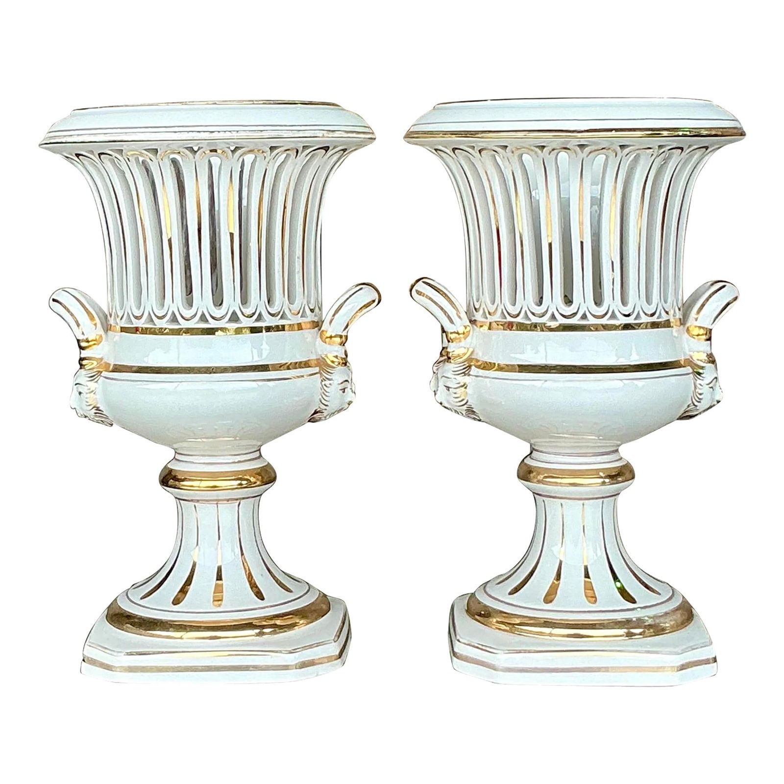 Pair of Vintage Italian Impero Ceramic Crater Vases: Pair of Vintage Italian Impero Ceramic Crater Vases This exquisite pair of vintage Italian Impero crater vases showcases classic urn shapes accented by elegant handles and intricate detailing. They em