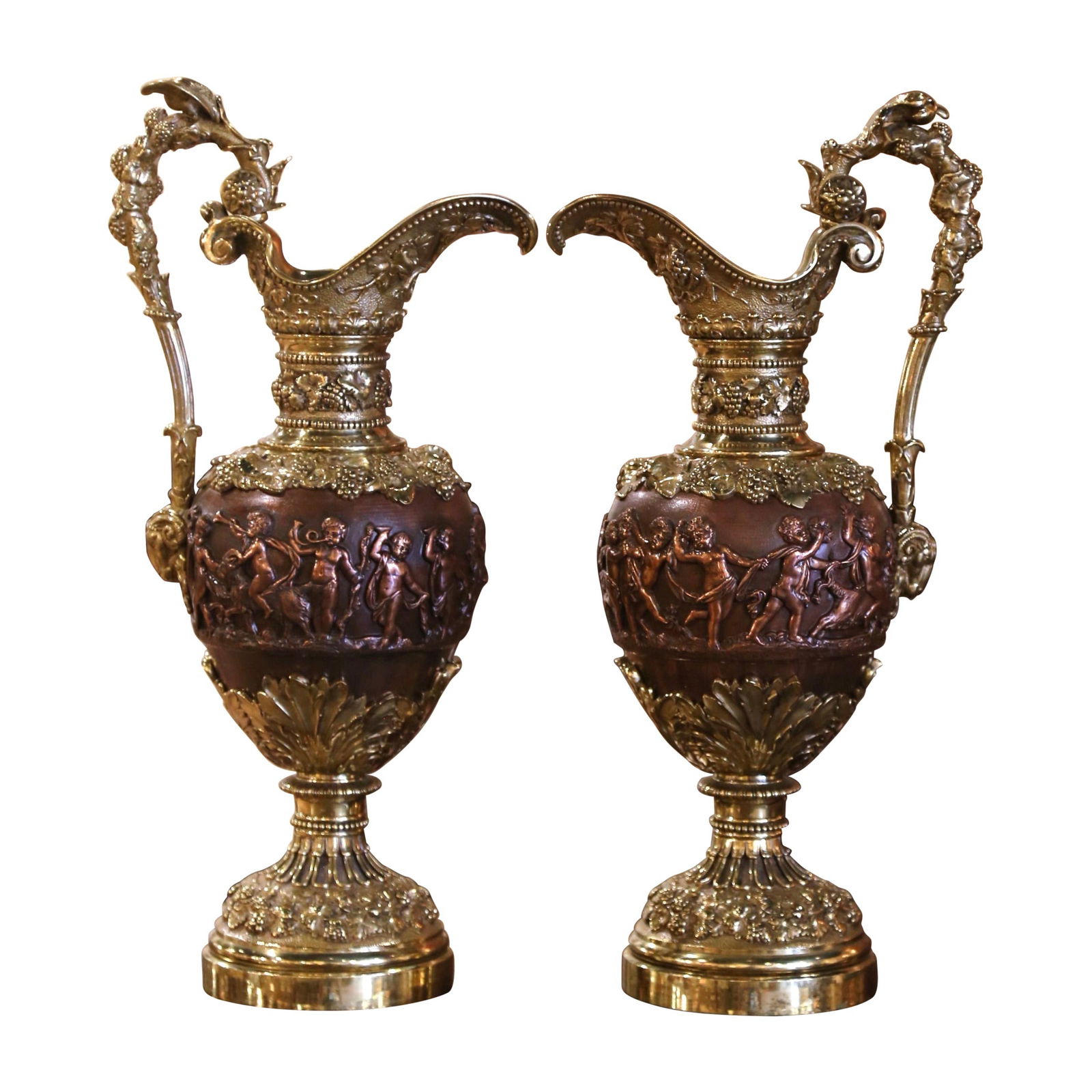 19th Century French Renaissance Bronze Ewer Set Maison Giroux: 19th Century French Renaissance Bronze Ewer Set Maison Giroux Make a stunning statement on your mantel with this exquisite pair of 19th Century French Renaissance ewers. Crafted in France circa 1870,