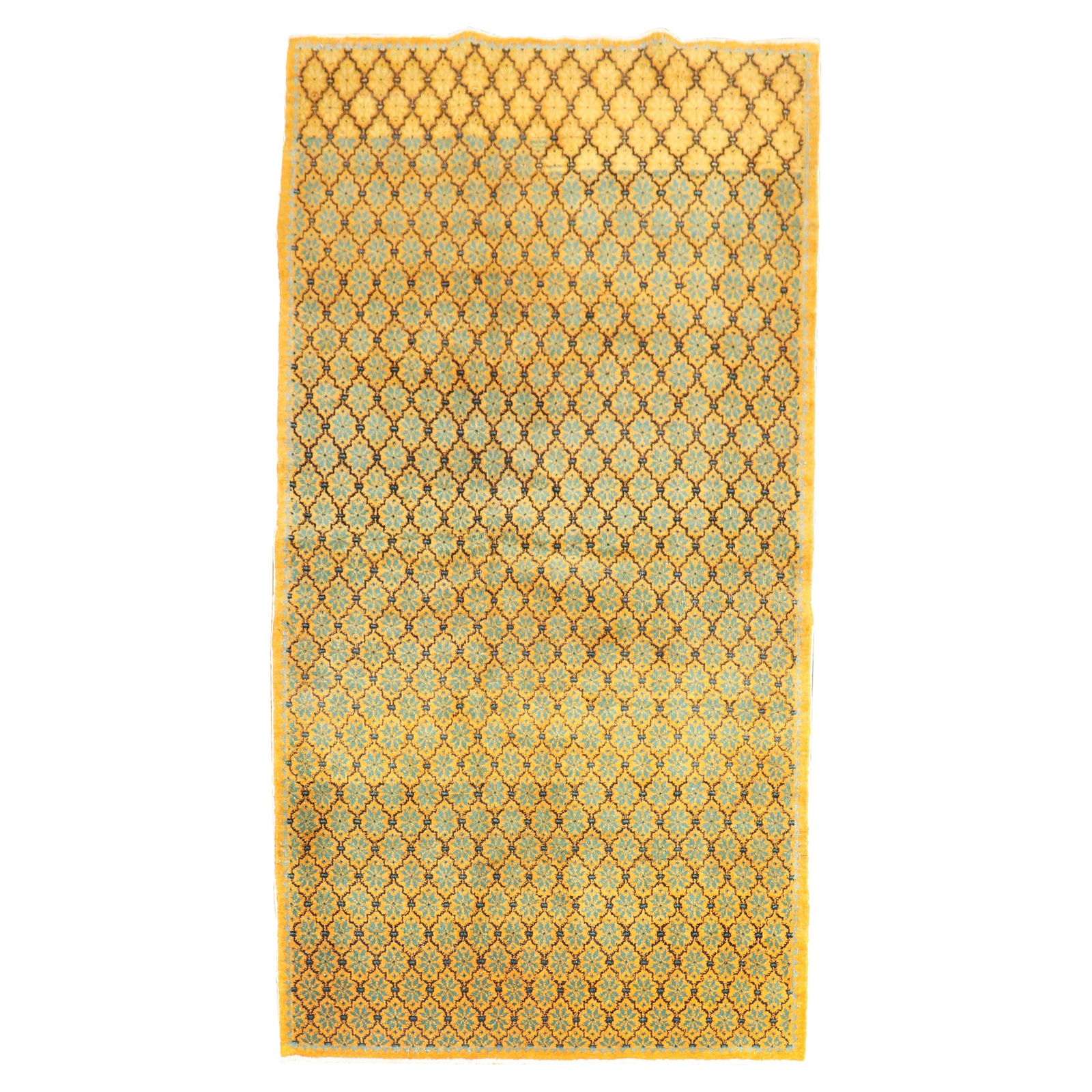 Adirondack Turkish Wool Rug in Saffron Yellow Floral Circa 1950 4'3" x 7'5": Adirondack Turkish Wool Rug in Saffron Yellow Floral Circa 1950 4'3" x 7'5" This mid-20th century Turkish rug features a saffron yellow field adorned with a repetitive floral motif in green and brown.