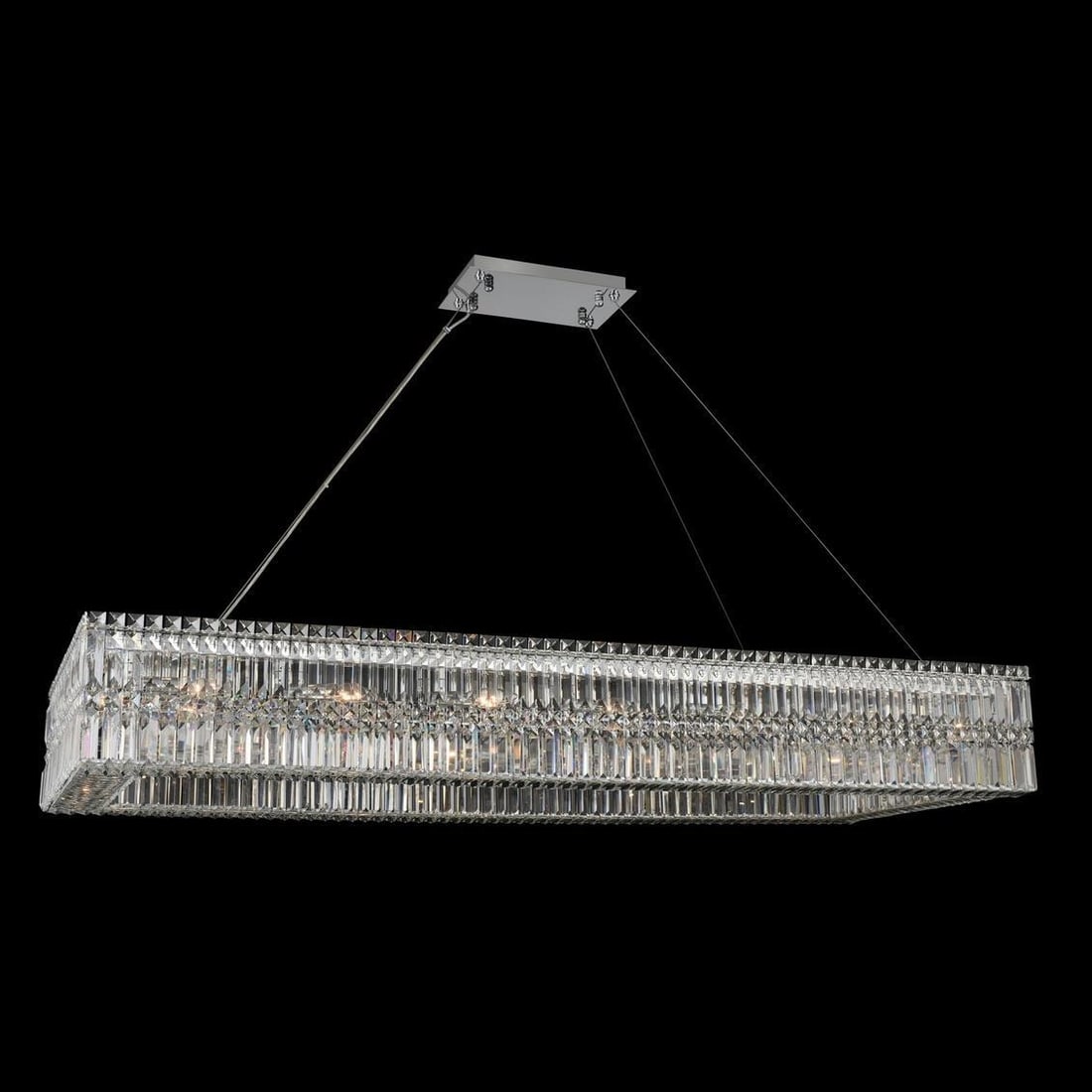 Kalco Rettangolo 60 Inch Chrome Island Light with Firenze Crystal: Kalco Rettangolo 60 Inch Chrome Island Light with Firenze Crystal Illuminate your space with the elegant Rettangolo Crystal Island Light. This stunning fixture features a sleek chrome finish complemen