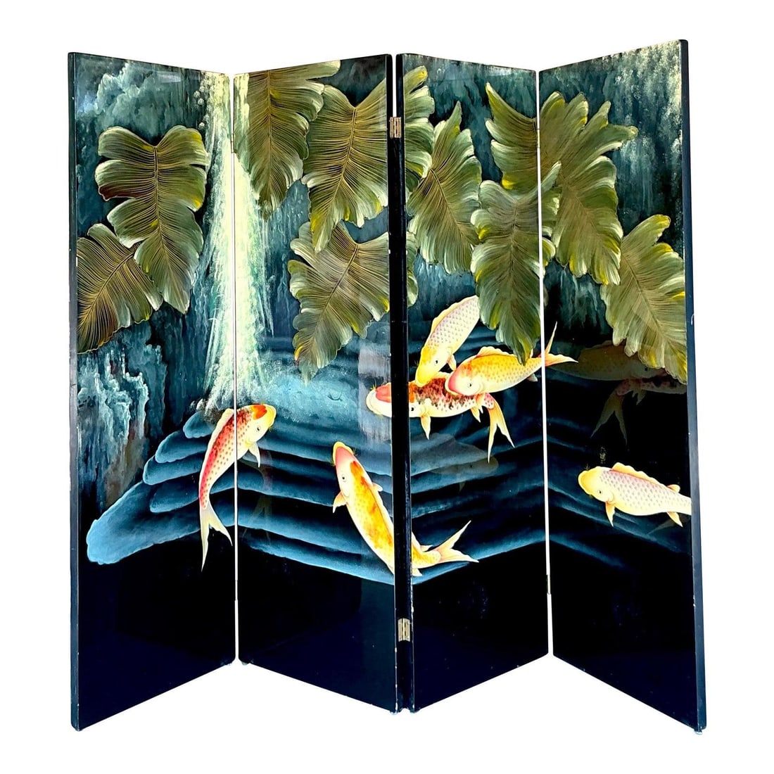 Vintage Lacquered Koi Fish Four-Panel Tabletop Screen: Vintage Lacquered Koi Fish Four-Panel Tabletop Screen Enhance your living space with this stunning vintage four-panel tabletop screen, designed to be a serene and artistic focal point. Featuring a lum