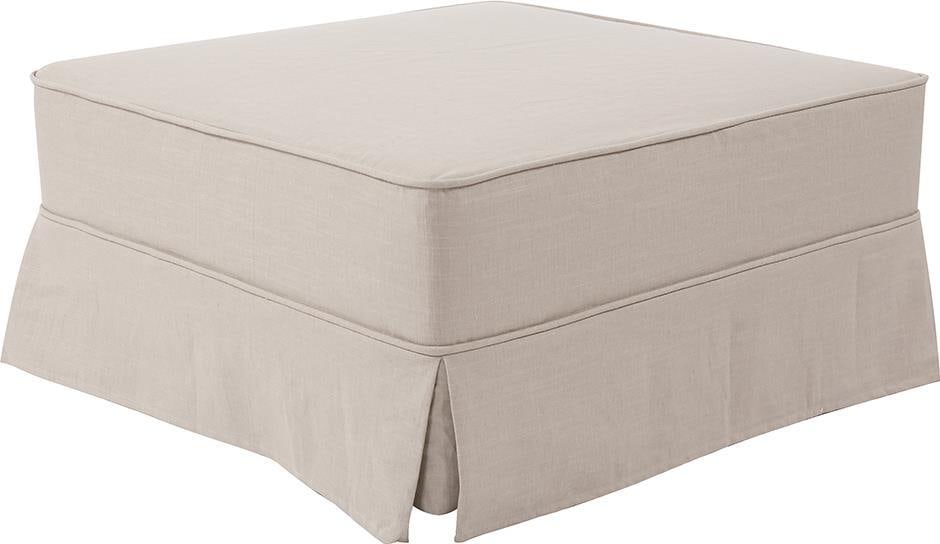 Howard Elliott Natural Linen Square Ottoman with Pleated Skirt: Howard Elliott Natural Linen Square Ottoman with Pleated Skirt Elevate your living space with this Natural Linen Ottoman featuring a charming pleated skirt design. This square ottoman combines a styli