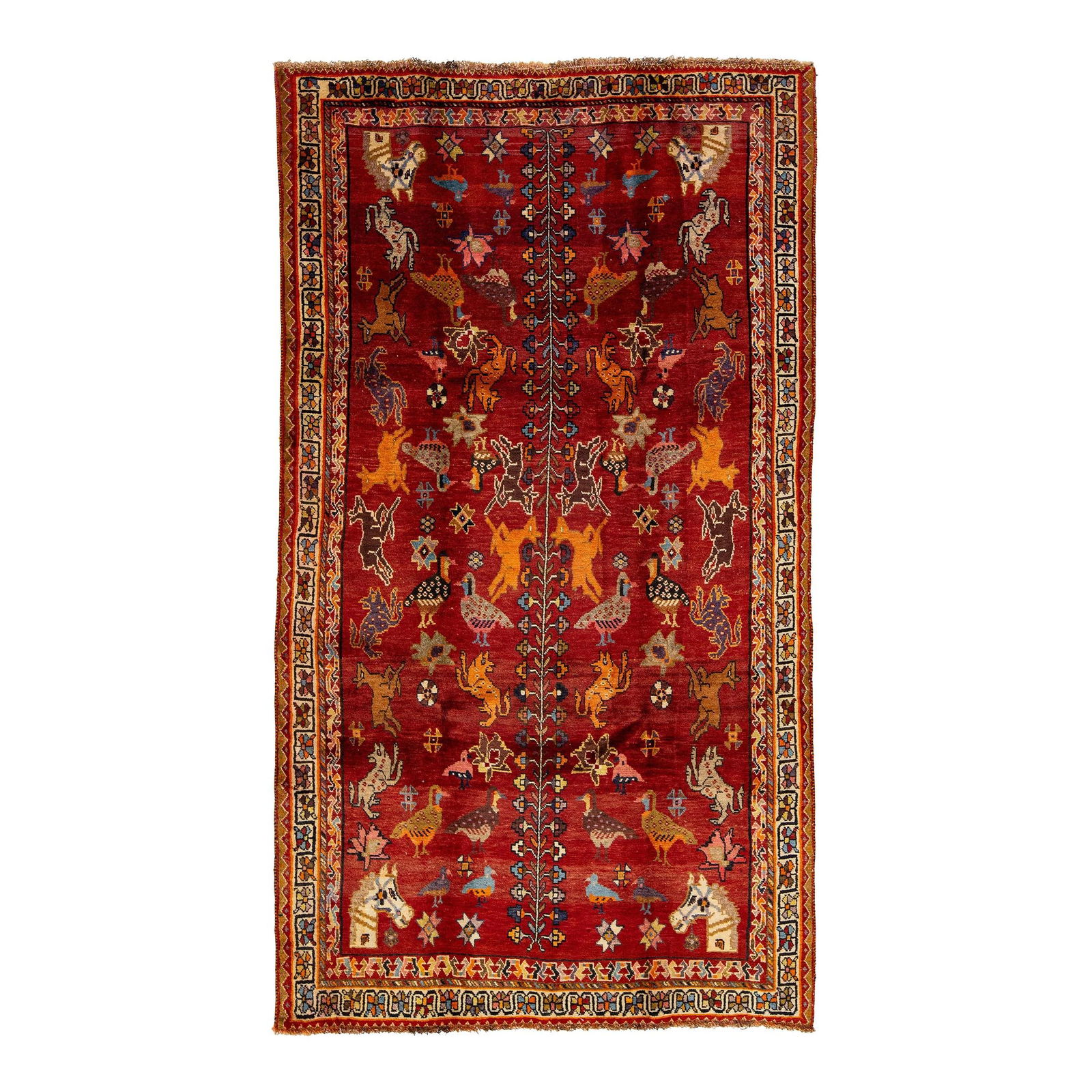 Vintage Persian Shiraz Wool Rug with Pictorial Design Red 5' x 8'10: Vintage Persian Shiraz Wool Rug with Pictorial Design Red 5' x 8'10 This stunning vintage Persian Shiraz wool rug showcases a vibrant red field adorned with a captivating multicolored pictorial design