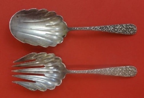 Jacobi and Jenkins Repousse Sterling Silver 2pc Vegetable Serving Set: Jacobi and Jenkins Repousse Sterling Silver 2pc Vegetable Serving Set Elevate your dining experience with this exquisite 2-piece vegetable serving set by Jacobi and Jenkins, featuring the elegant Repo