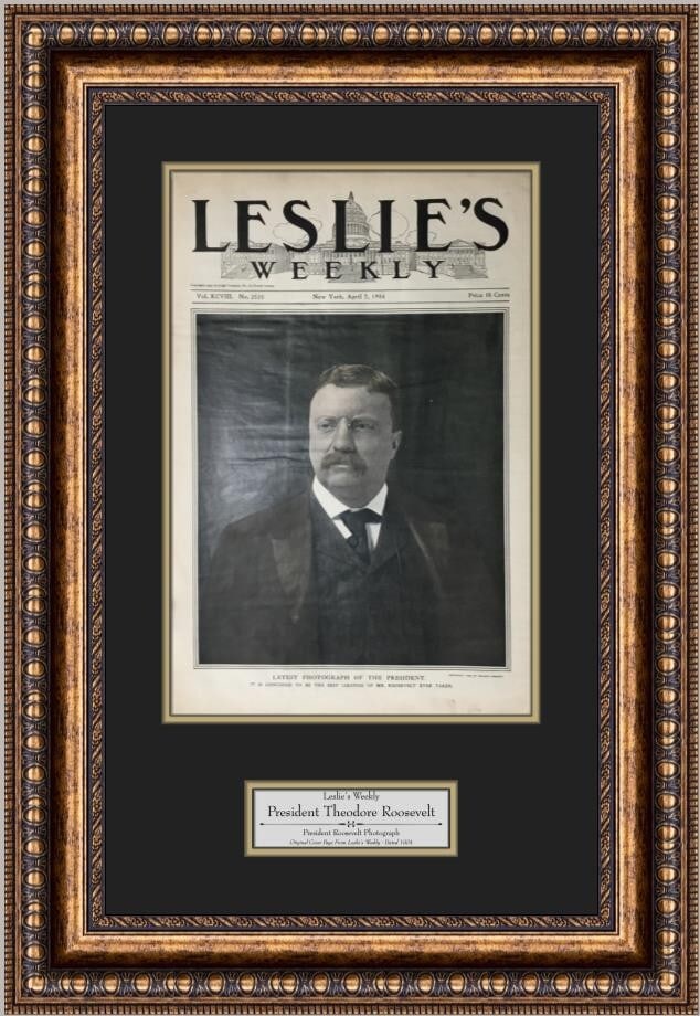 Theodore Roosevelt 1904 Leslie's Weekly Custom Framed Cover Page: Theodore Roosevelt 1904 Leslie's Weekly Custom Framed Cover Page This stunning custom-framed cover page from Leslie's Weekly features President Theodore Roosevelt, who served from 1901 to 1909. The or