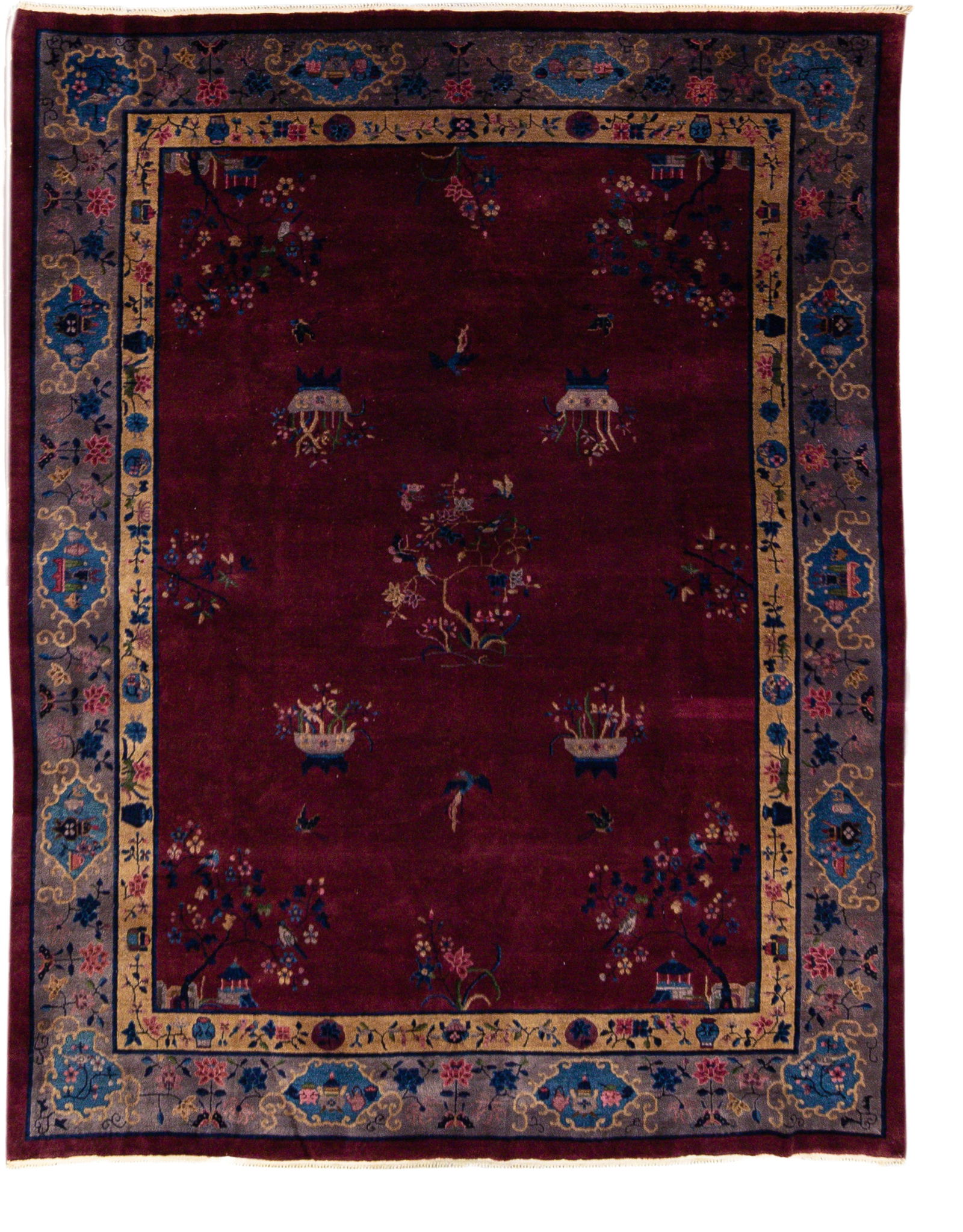 Antique Peking Chinese Floral Wool Rug 9'4 x 11'9 Burgundy: Antique Peking Chinese Floral Wool Rug 9'4 x 11'9 Burgundy This stunning antique Peking Chinese rug showcases exquisite craftsmanship with its hand-knotted wool construction and a rich burgundy field.