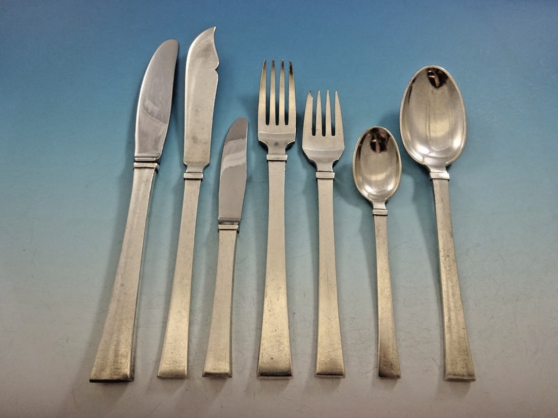 Hans Hansen Bell Sterling Silver Flatware Set 58 Pcs Mid-Century Modern: Hans Hansen Bell Sterling Silver Flatware Set 58 Pcs Mid-Century Modern Elevate your dining experience with this exquisite Bell flatware set by Hans Hansen. Crafted from high-quality sterling silver,