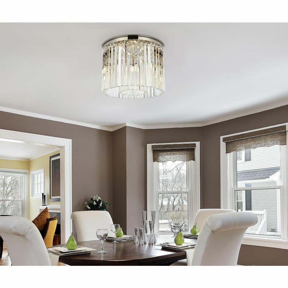 Sydney 6-Light Flush Mount Chandelier Polished Nickel with Clear Crystals: Sydney 6-Light Flush Mount Chandelier Polished Nickel with Clear Crystals Enhance your living space with this stunning Crystal Flush Mount Chandelier, featuring a contemporary design that beautifully