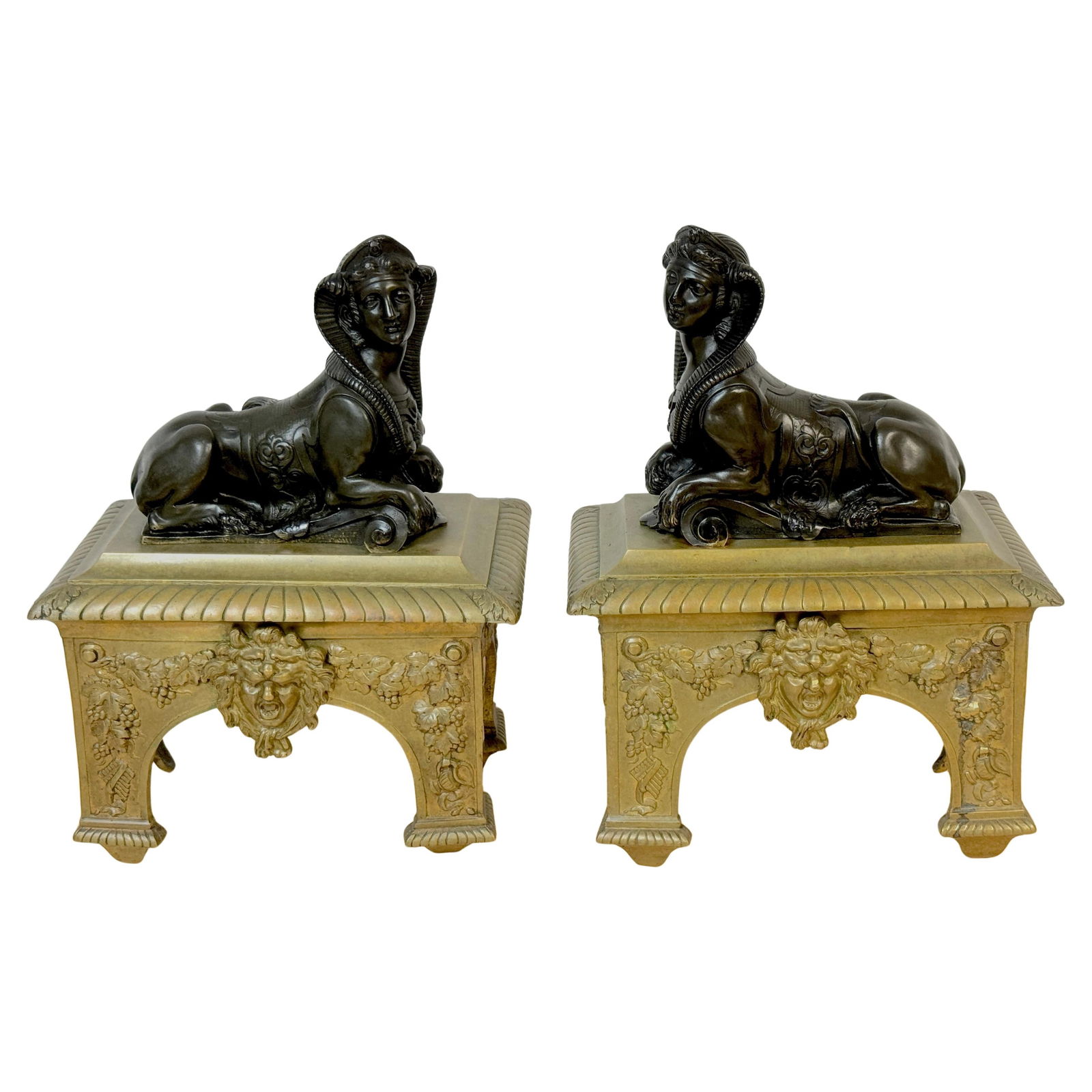 18th Century Louis XVI Bronze Sphinx Chenets Set of 2 France 1790: 18th Century Louis XVI Bronze Sphinx Chenets Set of 2 France 1790 This exquisite pair of 18th-century Louis XVI bronze chenets features recumbent sphinx motifs, dating back to circa 1790. Each piece s