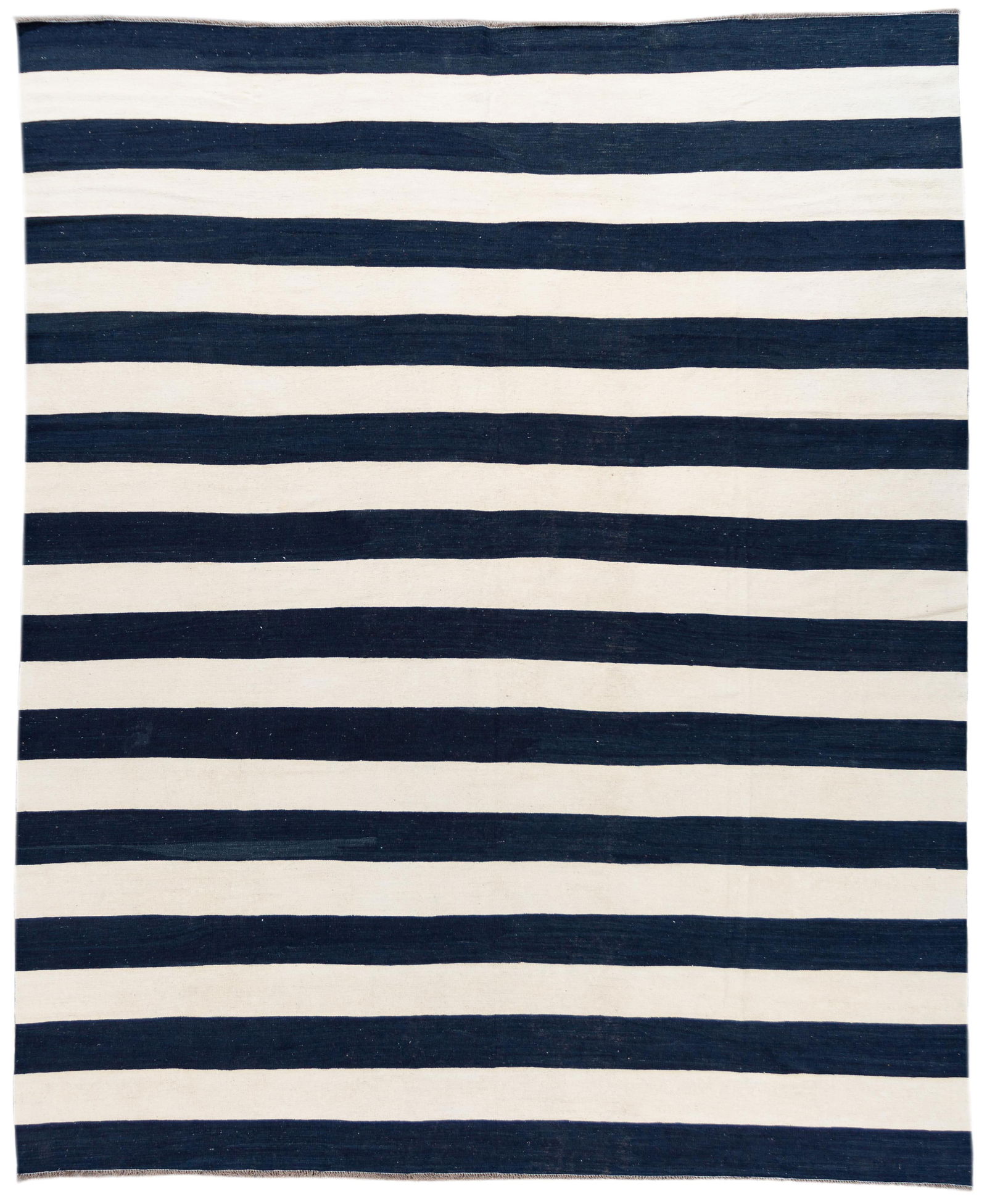 21st Century Blue and White Striped Wool Kilim Rug 12'2 x 14'8: 21st Century Blue and White Striped Wool Kilim Rug 12'2 x 14'8 Enhance your space with this stunning 21st Century Modern Flat-Weave Kilim Rug. Handwoven from premium wool, it features an elegant all-o