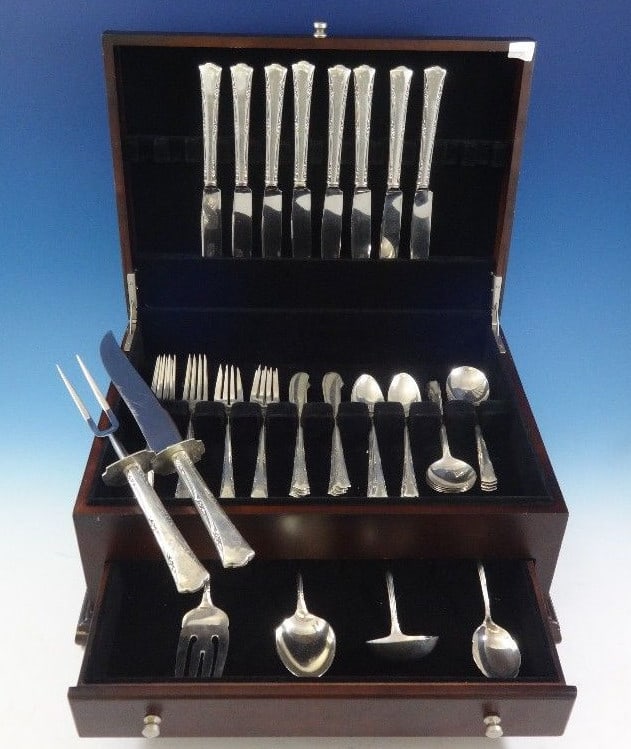 Gorham Greenbrier Sterling Silver Flatware Set for 8 with Storage Chest: Gorham Greenbrier Sterling Silver Flatware Set for 8 with Storage Chest Experience elegance with the Greenbrier by Gorham Sterling Silver Flatware Set, designed to serve 8. This exquisite collection f