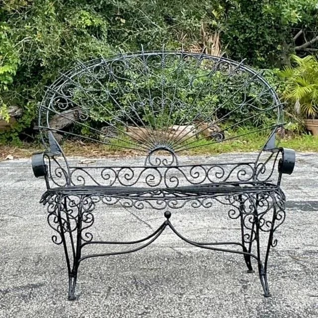 Vintage Boho Wrought Iron Bench Inspired by Salterini: Vintage Boho Wrought Iron Bench Inspired by Salterini This vintage boho wrought iron bench, inspired by the designs of Salterini, showcases graceful curves and intricate metalwork. Its timeless aesthe