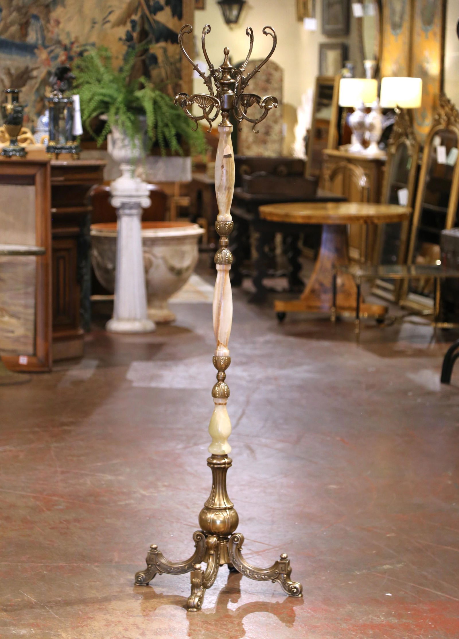 Art Deco French Brass Onyx Dolphin Swivel Hall Tree 1920: Art Deco French Brass Onyx Dolphin Swivel Hall Tree 1920 This exquisite early 20th century French hall tree showcases a stunning combination of hand-carved onyx and patinated brass, crafted circa 1920