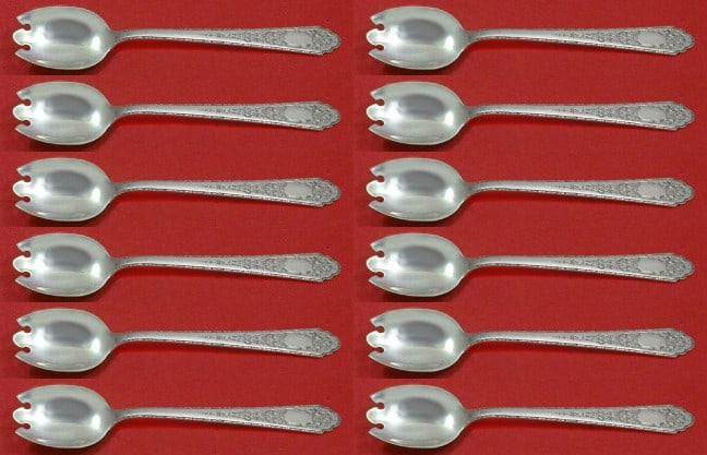 Lunt Mary II Sterling Silver Ice Cream Fork Set of 12: Lunt Mary II Sterling Silver Ice Cream Fork Set of 12 This exquisite set of 12 ice cream dessert forks showcases the elegant Mary II pattern by Lunt. Each fork measures 6 inches and is crafted from hi