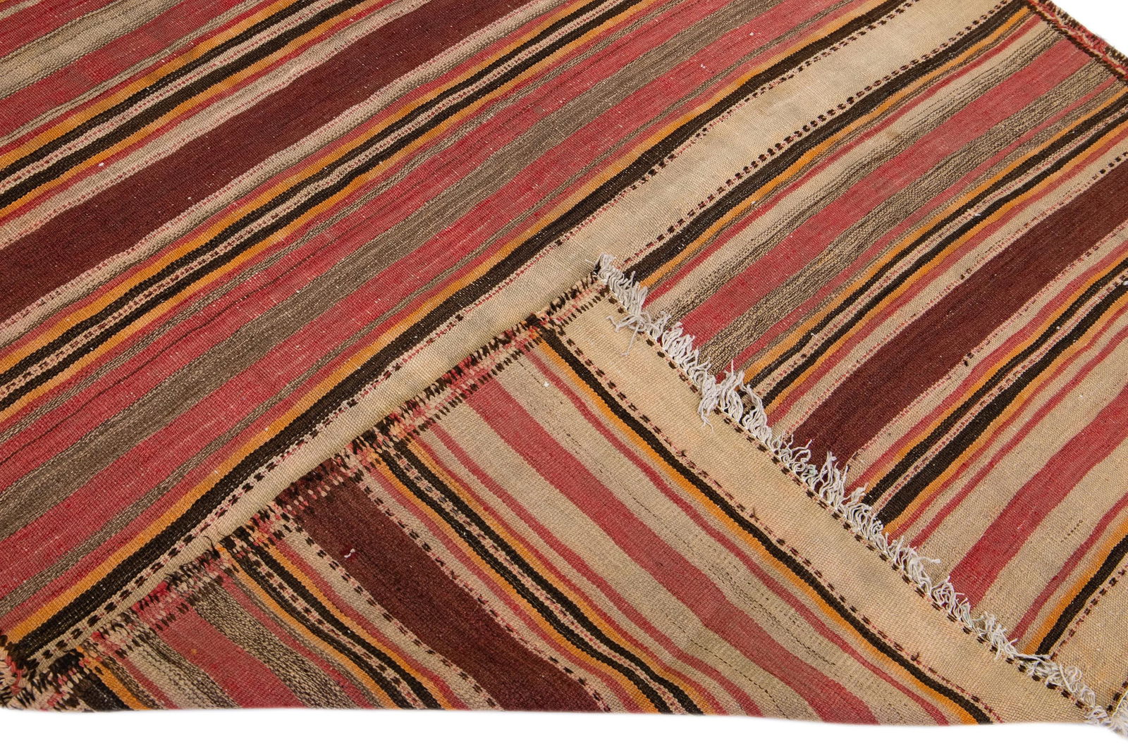 Vintage Turkish Kilim Beige Wool Rug 5'1 x 9'2 Geometric Stripes: Vintage Turkish Kilim Beige Wool Rug 5'1 x 9'2 Geometric Stripes This stunning vintage Turkish Kilim rug showcases exquisite craftsmanship with its hand-knotted wool construction. Featuring a soft bei