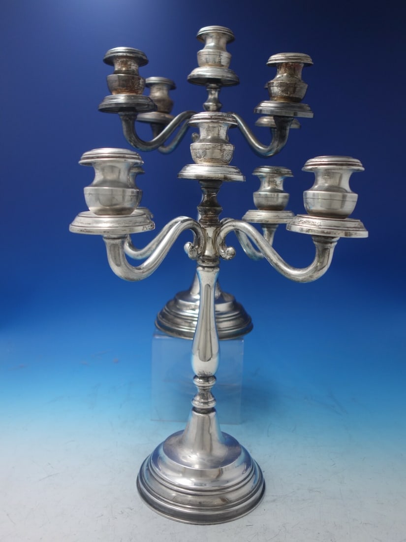 Italian Sterling Silver 5-Light Candelabra Pair c.1920 59.6oz: Italian Sterling Silver 5-Light Candelabra Pair c.1920 59.6oz This stunning pair of Italian sterling silver candelabras features a five-light design, perfect for adding elegance to any setting. Crafte