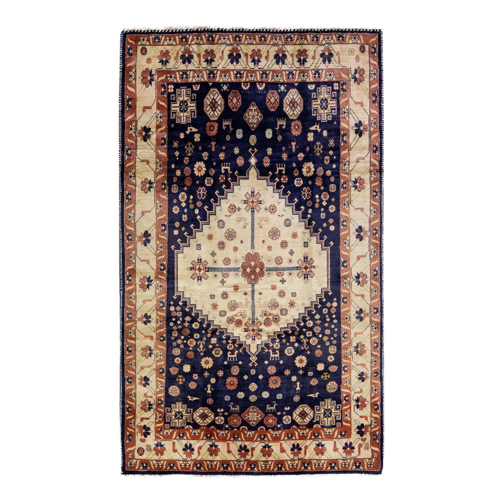 Vintage Handmade Persian Wool Rug Navy Blue Medallion Design 5'3" X 8'9": Vintage Handmade Persian Wool Rug Navy Blue Medallion Design 5'3" X 8'9" Enhance your home decor with this exquisite Vintage Handmade Persian Wool Rug. Featuring a stunning navy blue field adorned wit