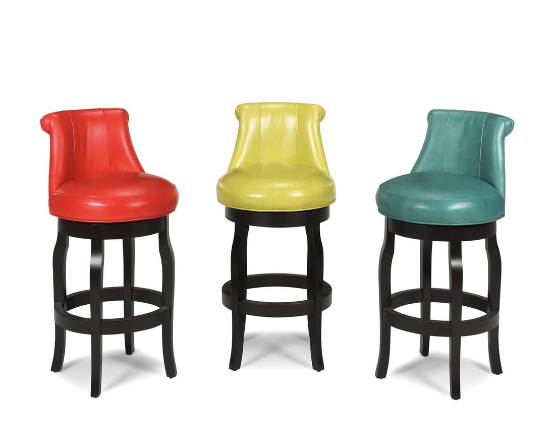 Handcrafted Ebony Leather Swivel Bar Stool: Handcrafted Ebony Leather Swivel Bar Stool Elevate your seating experience with this Traditional Ebony Leather Bar Stool featuring a convenient swivel function. Hand-crafted in the USA, this bar stool