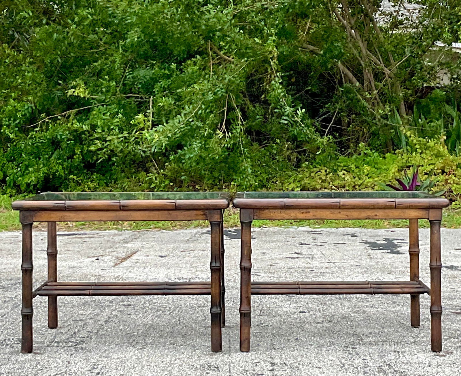 Vintage Coastal Faux Bamboo Side Tables Pair Coffee Color: Vintage Coastal Faux Bamboo Side Tables Pair Coffee Color Enhance your coastal decor with this pair of Vintage Coastal Faux Bamboo Side Tables. Featuring a bamboo-inspired design, these tables infuse