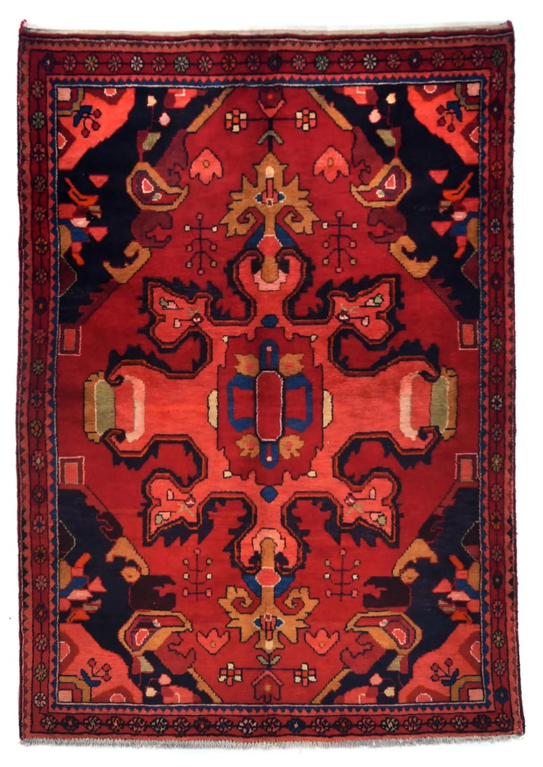 Hand-Knotted Vintage Red Tribal Floral Area Rug 4'7 x 6'6 Wool: Hand-Knotted Vintage Red Tribal Floral Area Rug 4'7 x 6'6 Wool Enhance your living space with this exquisite hand-knotted Oriental rug, showcasing a vibrant tribal floral design. Measuring 4'7" x 6'6"