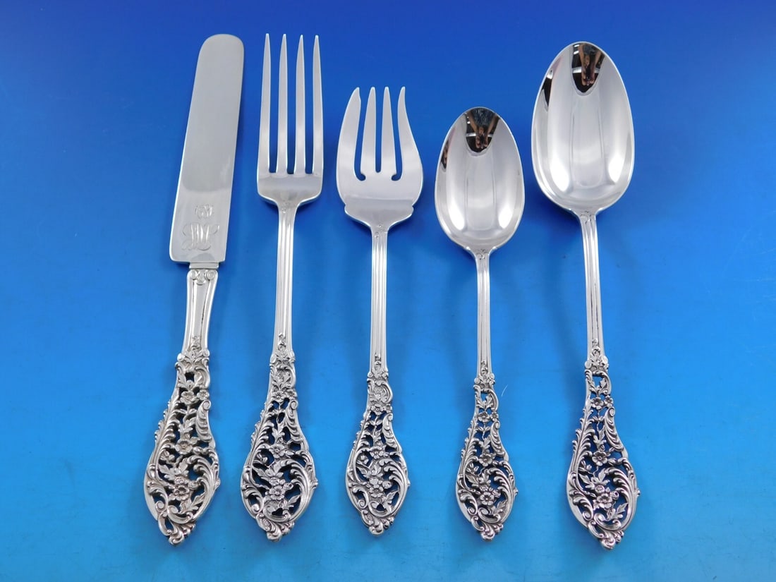 Dominick & Haff Rattail Antique Sterling Silver Flatware Set for 12 with Bonus Chest: Dominick & Haff Rattail Antique Sterling Silver Flatware Set for 12 with Bonus Chest Discover a rare Trianon Pierced flatware set by Dominick & Haff, featuring the exquisite Rattail Antique pattern. T