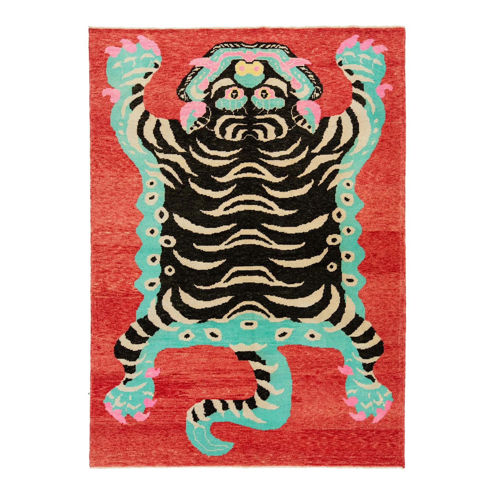 Handmade Turkish Wool Rug Red Tiger Pictorial Design 6'11 x 9'8: Handmade Turkish Wool Rug Red Tiger Pictorial Design 6'11 x 9'8 Enhance your space with this beautiful handmade Turkish Art Deco wool rug featuring a striking tiger pictorial design. The vibrant red f