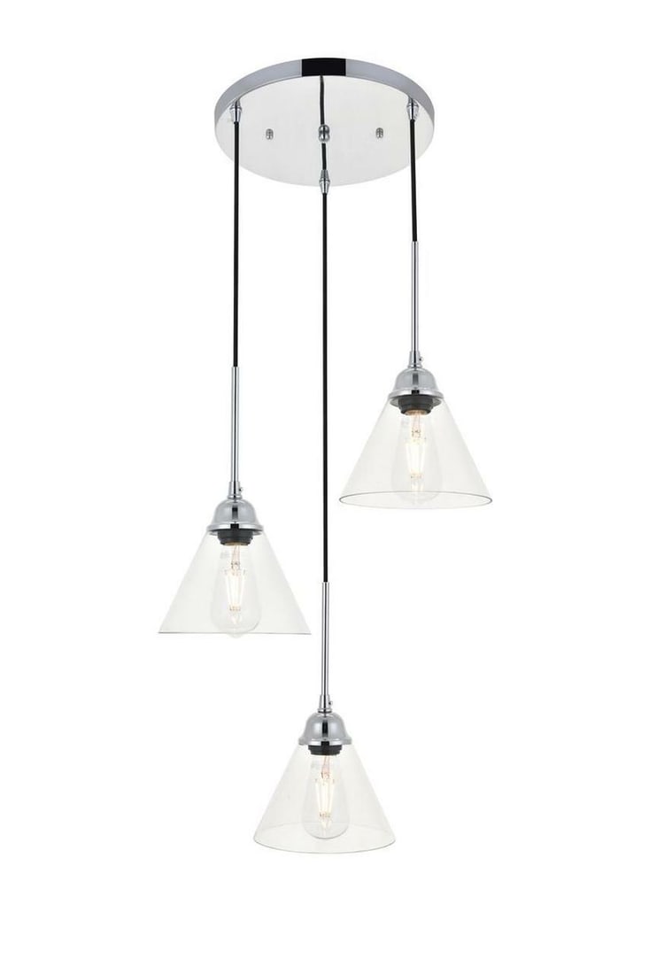 Histoire 3-Light Modern Chrome and Glass Pendant for Dining or Kitchen: Histoire 3-Light Modern Chrome and Glass Pendant for Dining or Kitchen This modern pendant chandelier features three adjustable cone-shaped clear glass shades with chrome and black details, offering a