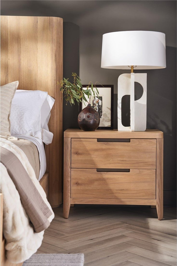 Universal Modern Oak Nightstand Organic Natural Finish 26H 30W 18D: Universal Modern Oak Nightstand Organic Natural Finish 26H 30W 18D This Modern Oak Walker Nightstand features an organic natural oak finish, enhancing its contemporary design. With a height of 26 inch