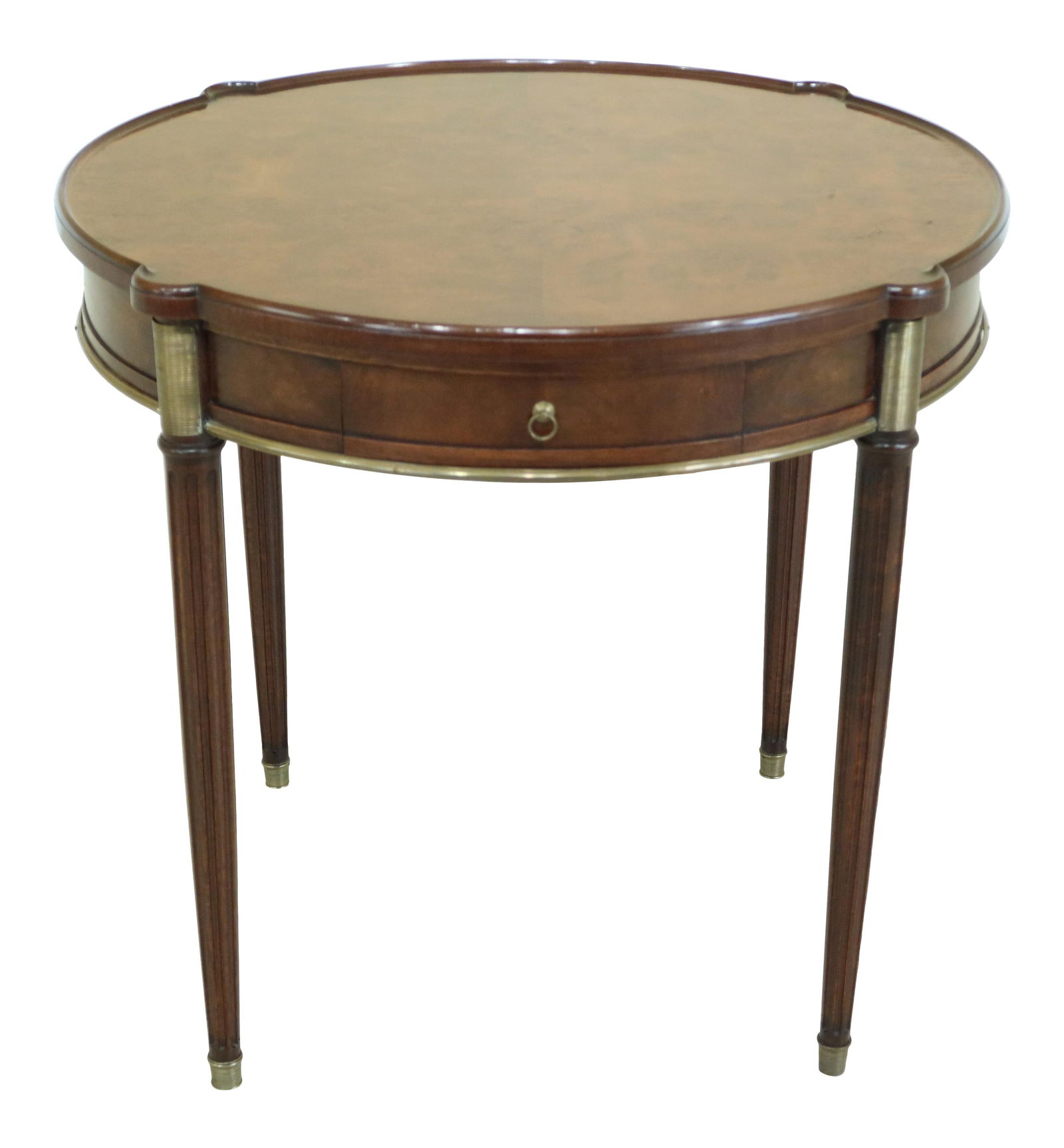 1950s Maison Jansen Style French Louis XVI Round Walnut Table with Leather Top: 1950s Maison Jansen Style French Louis XVI Round Walnut Table with Leather Top This exquisite 1950s Maison Jansen Style French Louis XVI Round Occasional Table showcases timeless elegance with its hig