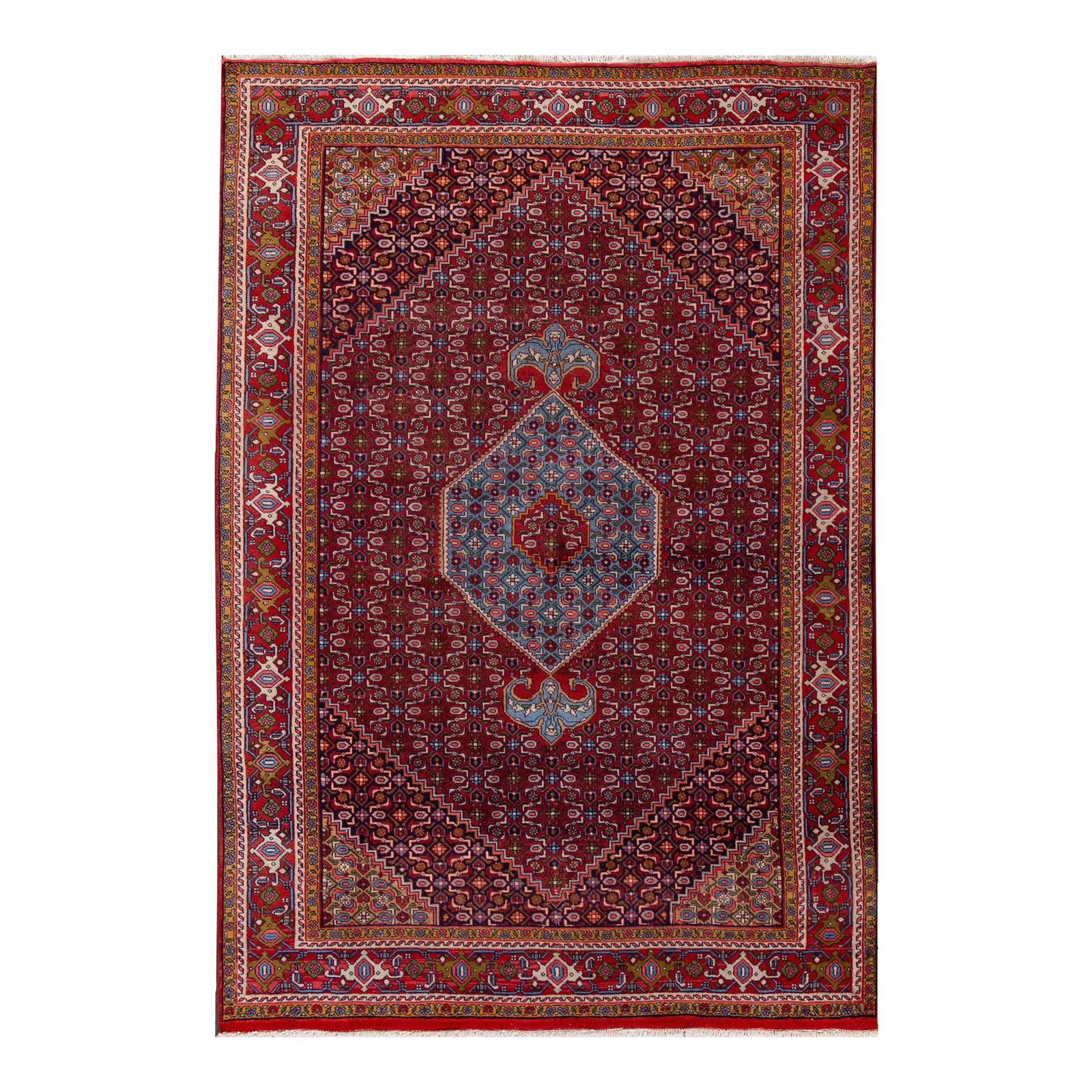 Antique Bidjar Handmade Wool Rug 6'7 x 9'5 Burgundy Geometric Design: Antique Bidjar Handmade Wool Rug 6'7 x 9'5 Burgundy Geometric Design Discover the elegance of this antique Bidjar hand-knotted wool rug, featuring a rich burgundy field adorned with vibrant multicolor