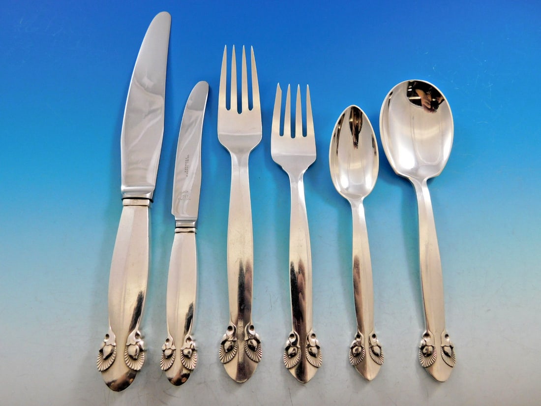 Georg Jensen Bittersweet Sterling Silver Flatware Set 77 Pieces Mid-Century Modern: Georg Jensen Bittersweet Sterling Silver Flatware Set 77 Pieces Mid-Century Modern Elevate your dining experience with this exquisite 77-piece Bittersweet flatware set by Georg Jensen, a hallmark of M