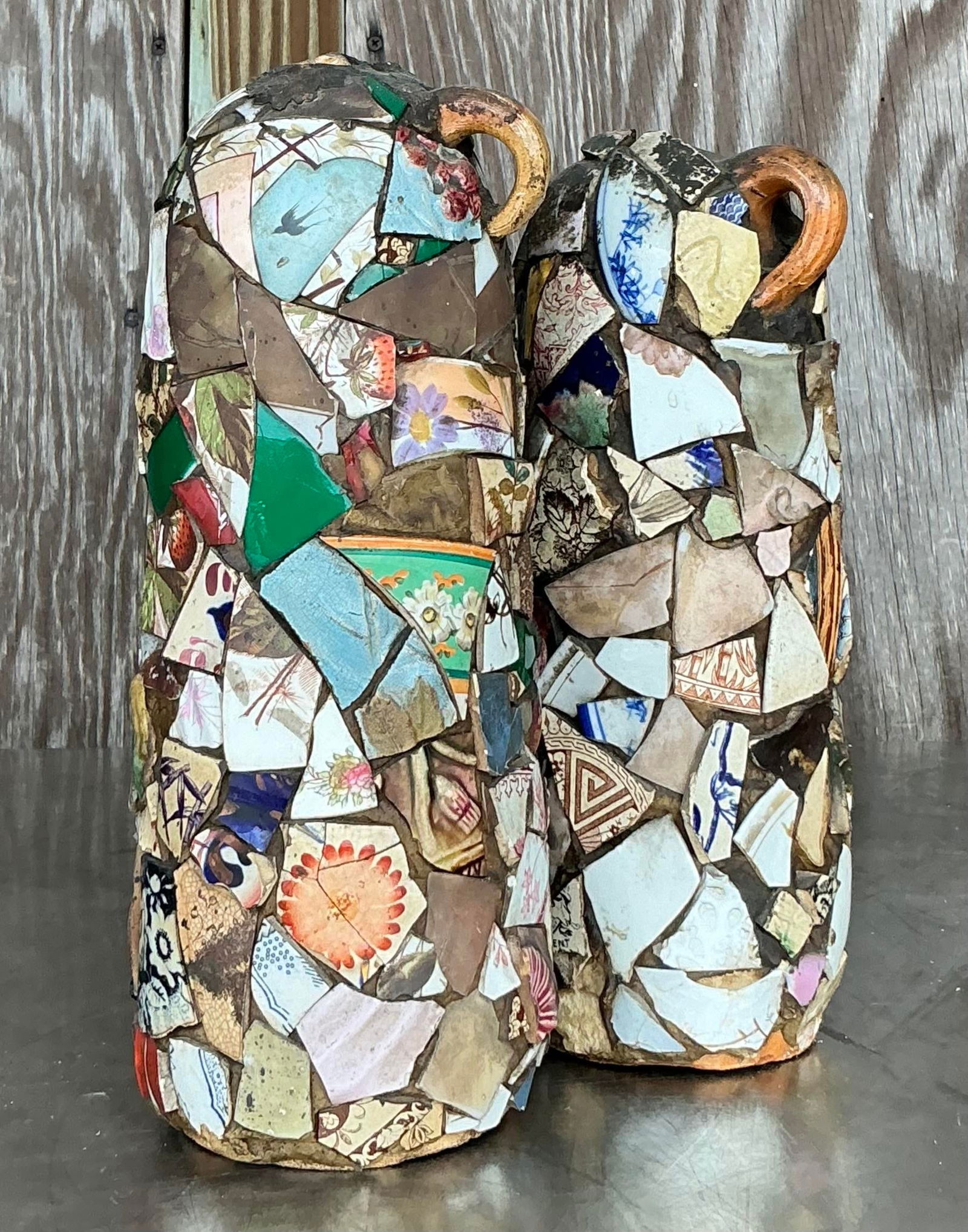 Charming Vintage Boho Mosaic Memory Jugs Pair Unique Decor: Charming Vintage Boho Mosaic Memory Jugs Pair Unique Decor Enhance your decor with this enchanting pair of vintage boho mosaic memory jugs. Each jug is uniquely crafted, featuring a vibrant array of h